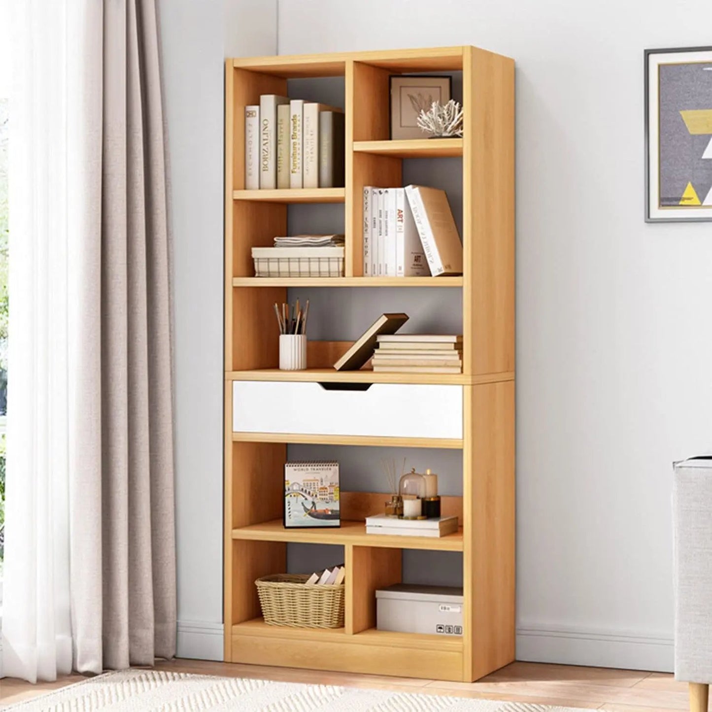 Maple Yellow Wooden Bookcase with Drawer and Cubes-0