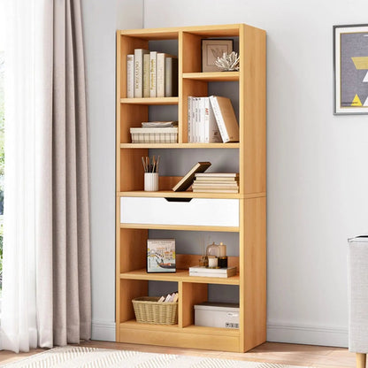 Maple Yellow Wooden Bookcase with Drawer and Cubes-0