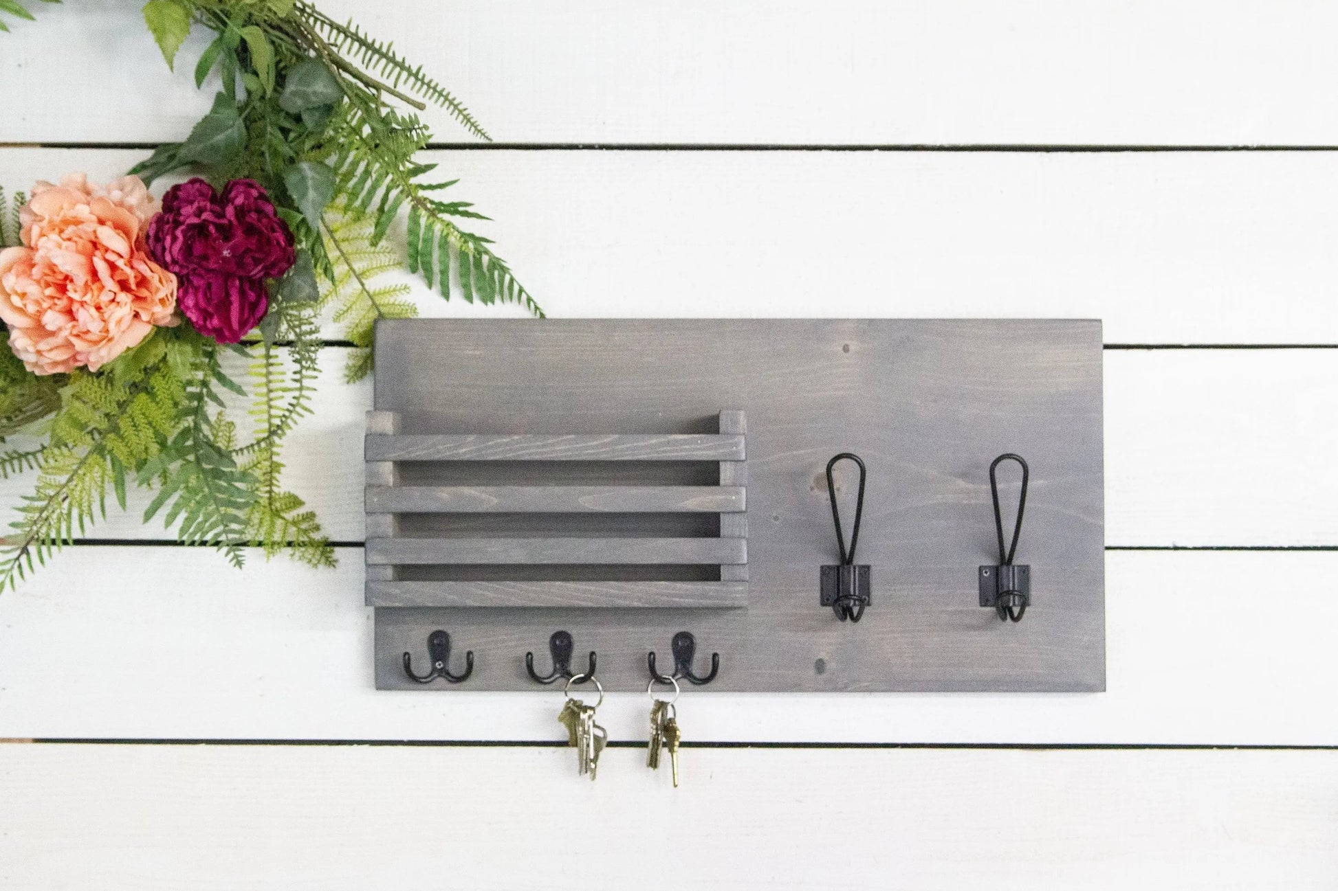 Mail Holder with Key Hooks and Farmhouse Style Coat Hooks-3