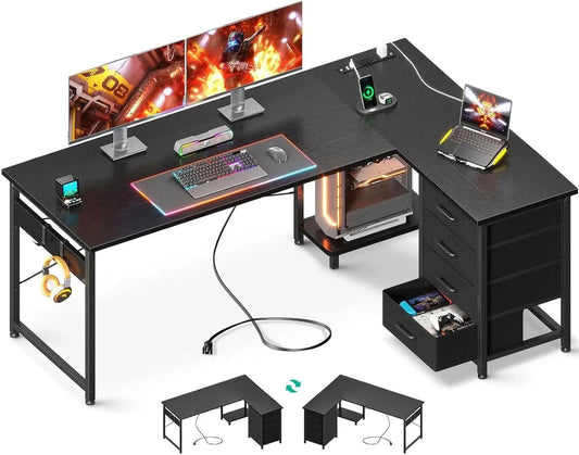 L Shaped Gaming Desk with 4 Drawers, 61" Reversible Home Office Desks with Power Outlets, L Shaped Computer Desk with USB Charging Port and Host Stand, Corner Desk, Easy to Assemble, Black-0