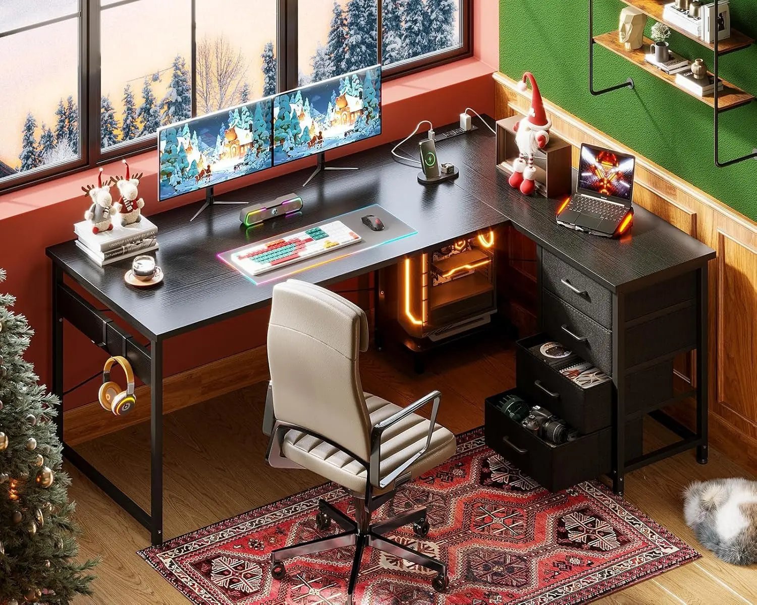 L Shaped Gaming Desk with 4 Drawers, 61" Reversible Home Office Desks with Power Outlets, L Shaped Computer Desk with USB Charging Port and Host Stand, Corner Desk, Easy to Assemble, Black-1