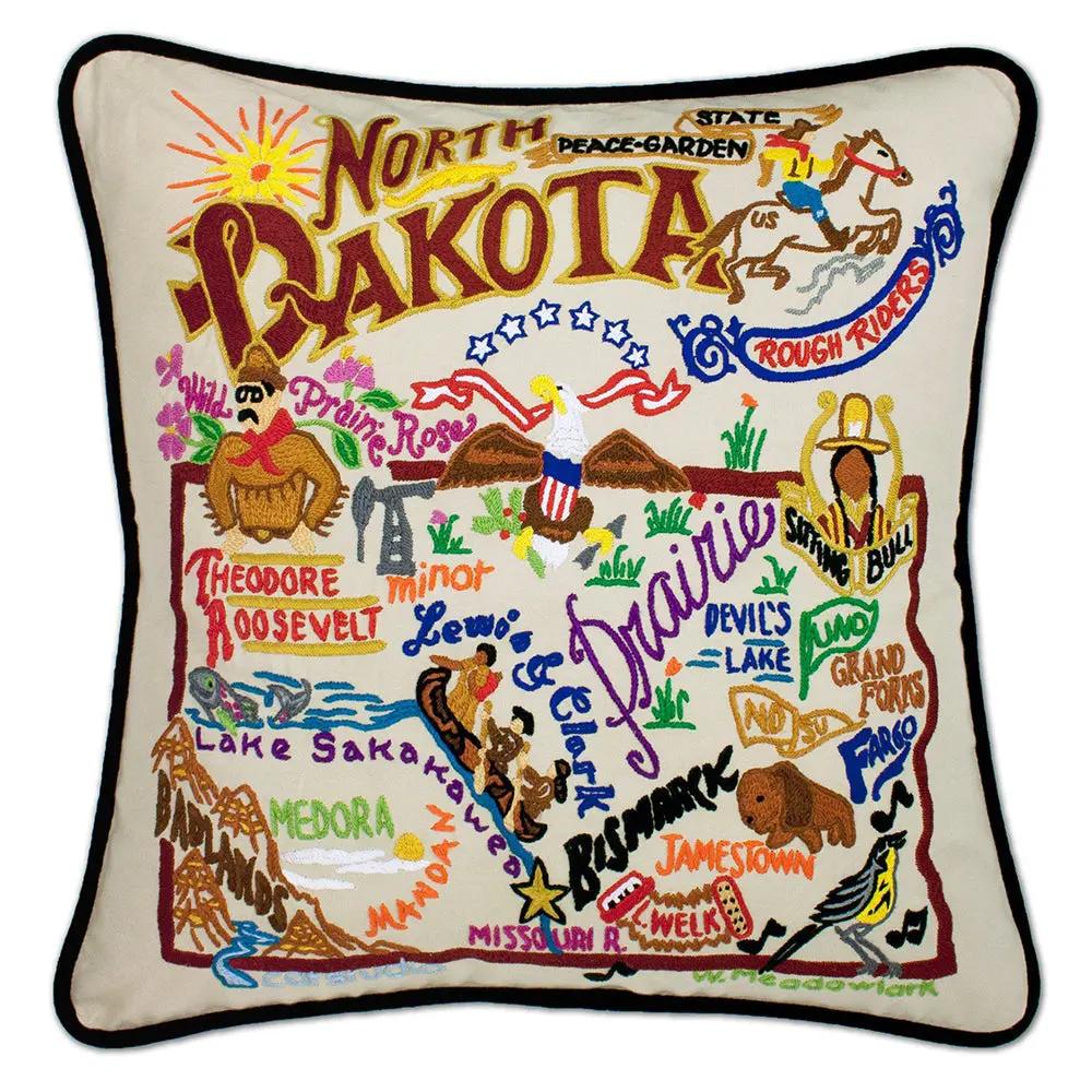 North Dakokta Hand-Embroidered Pillow CatStudio
