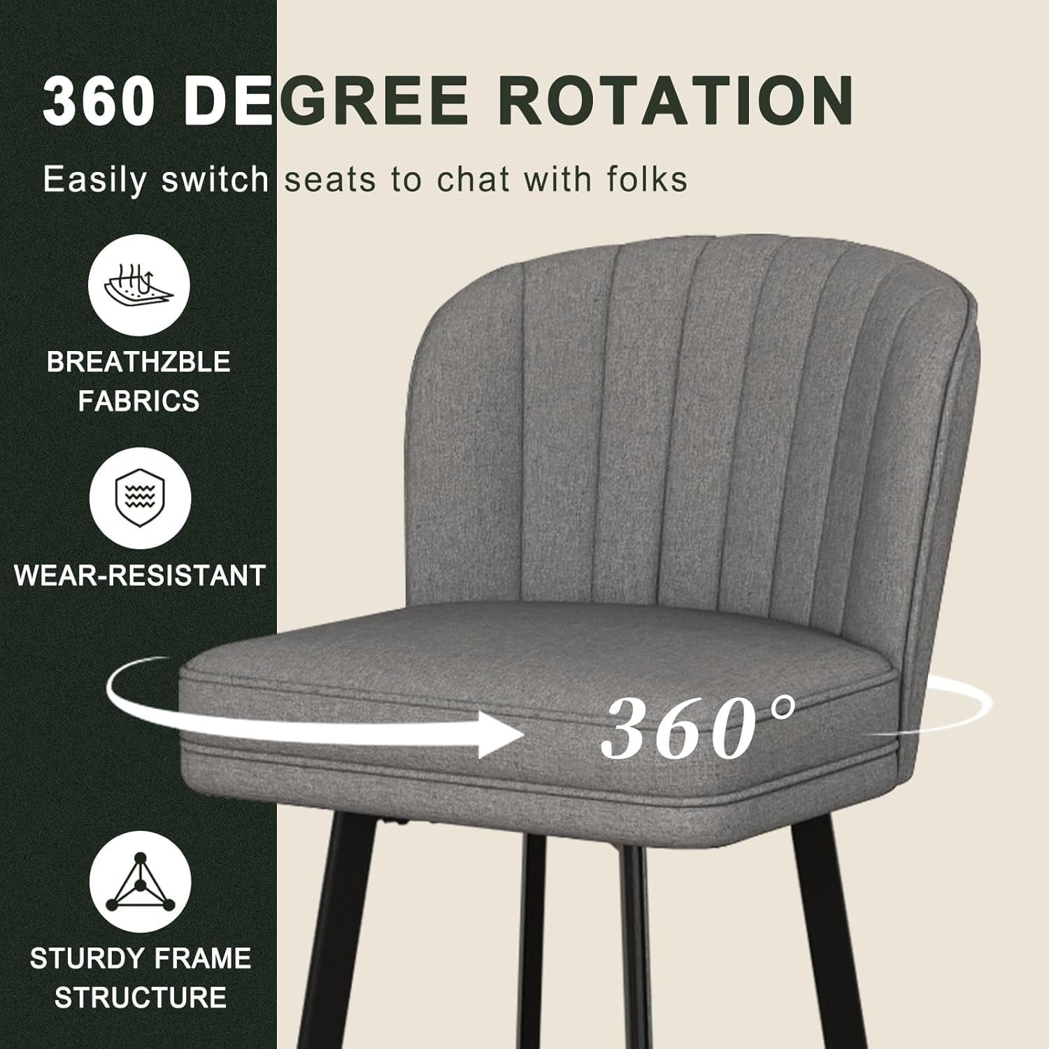 Swivel Counter Height Bar Stools Set of 3, 26'' Modern Barstools with Backs and Metal Legs, Upholstered Bar Chairs, Faux Leather Mid-Gray Stools for Kitchen Island Chairs-2