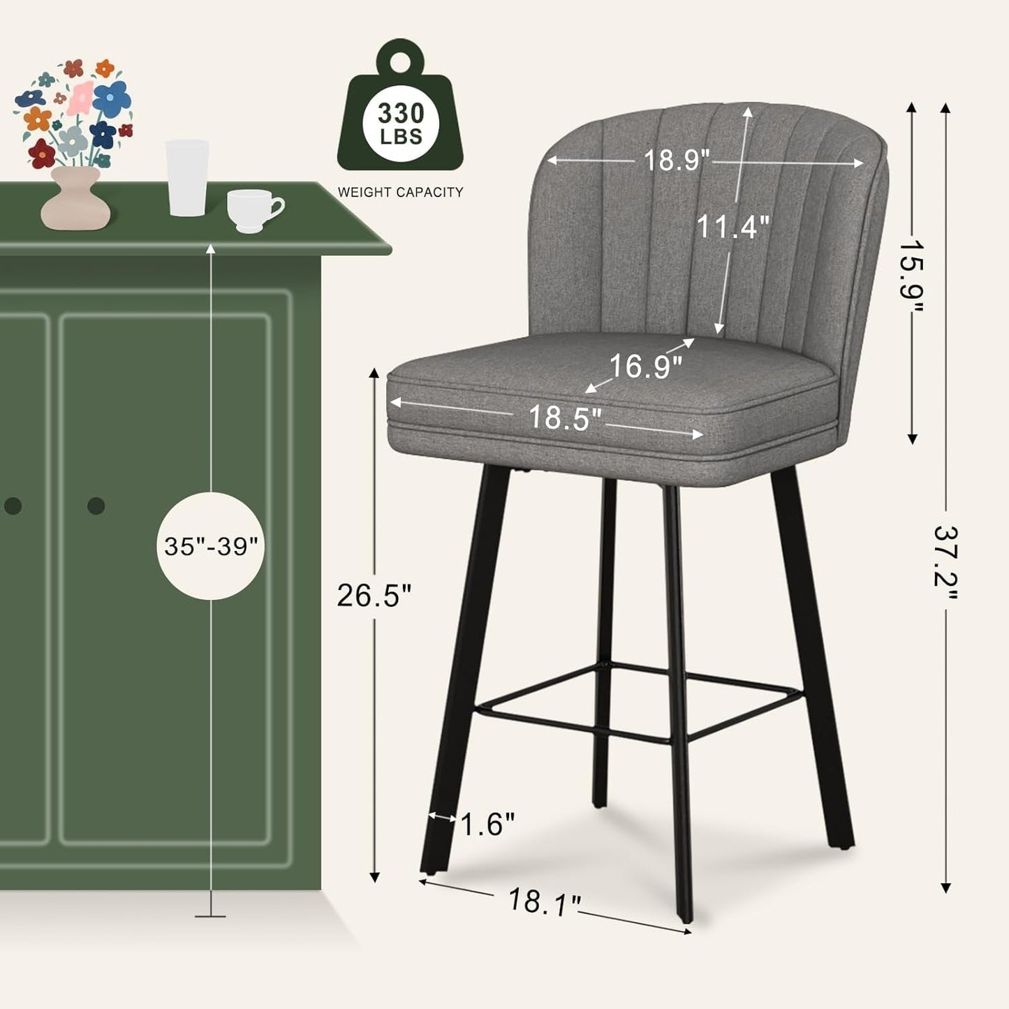 Swivel Counter Height Bar Stools Set of 3, 26'' Modern Barstools with Backs and Metal Legs, Upholstered Bar Chairs, Faux Leather Mid-Gray Stools for Kitchen Island Chairs-1