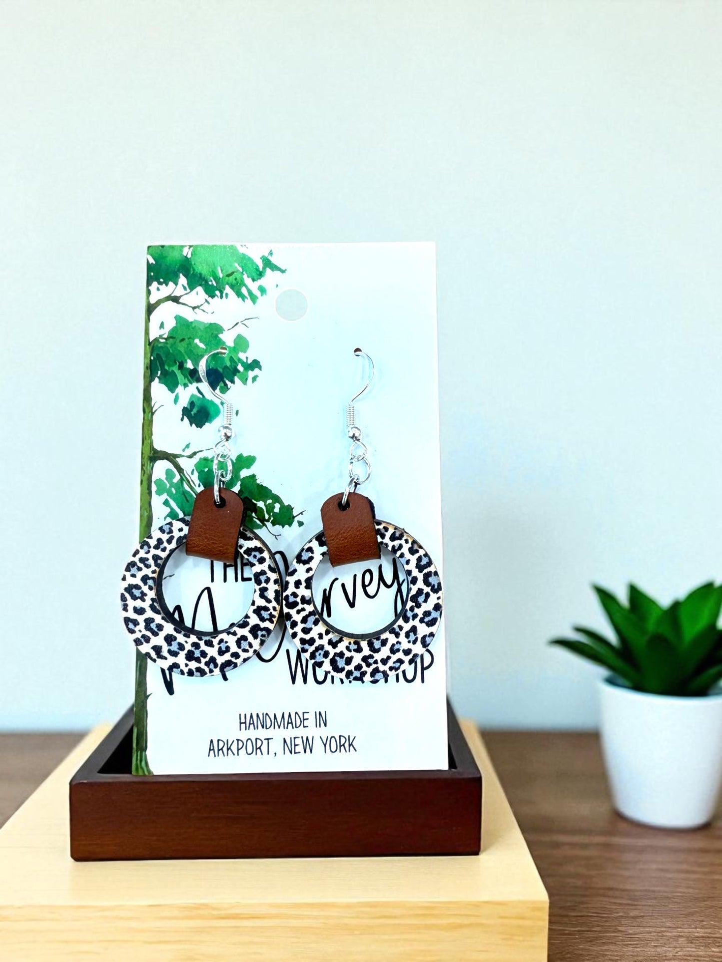 Wood Cheetah Print, Wood and Leather Dangle Earrings, Wood Earrings, Hypoallergenic The McGarvey Workshop
