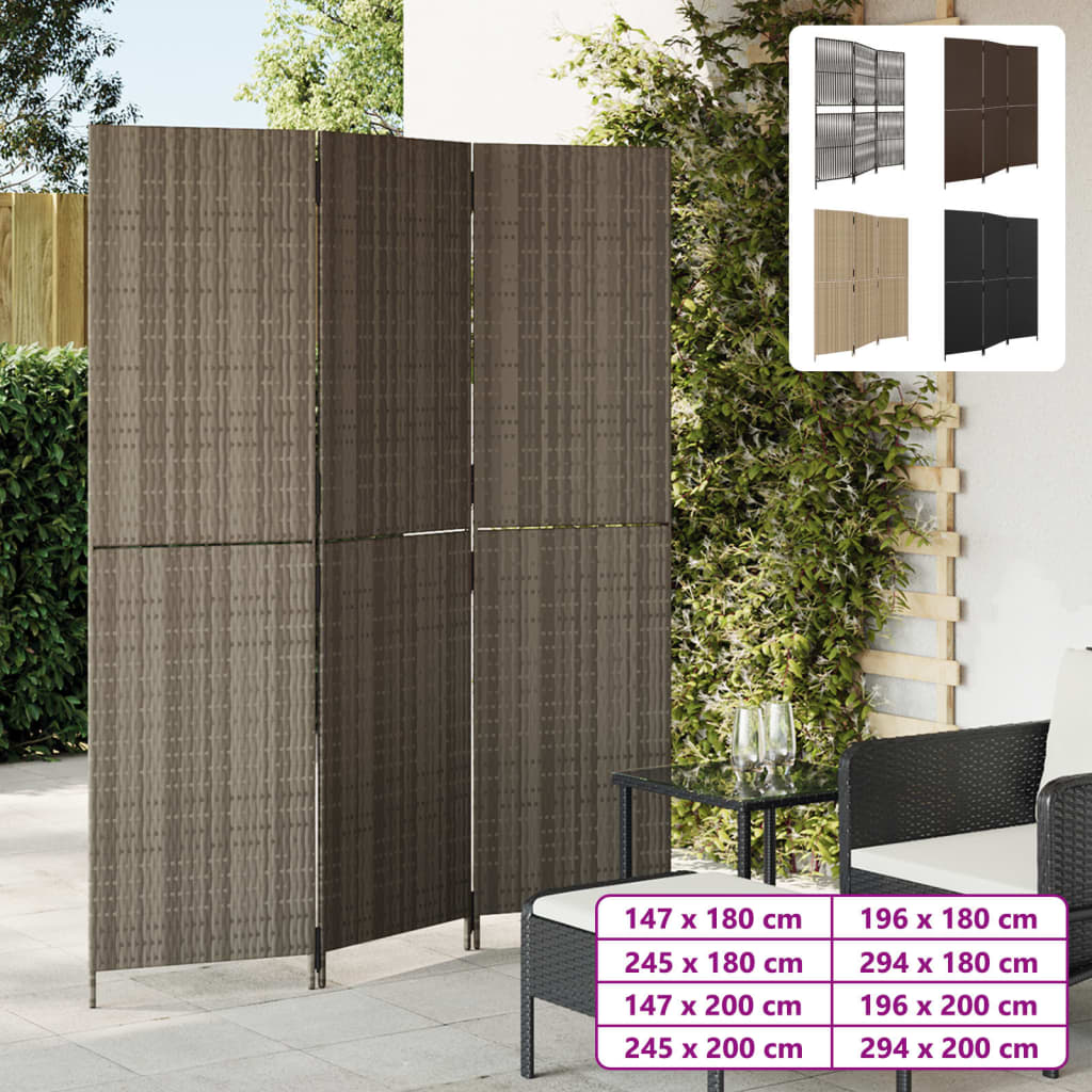 vidaXL Room Divider 3 Panels Gray Poly Rattan VidaXL