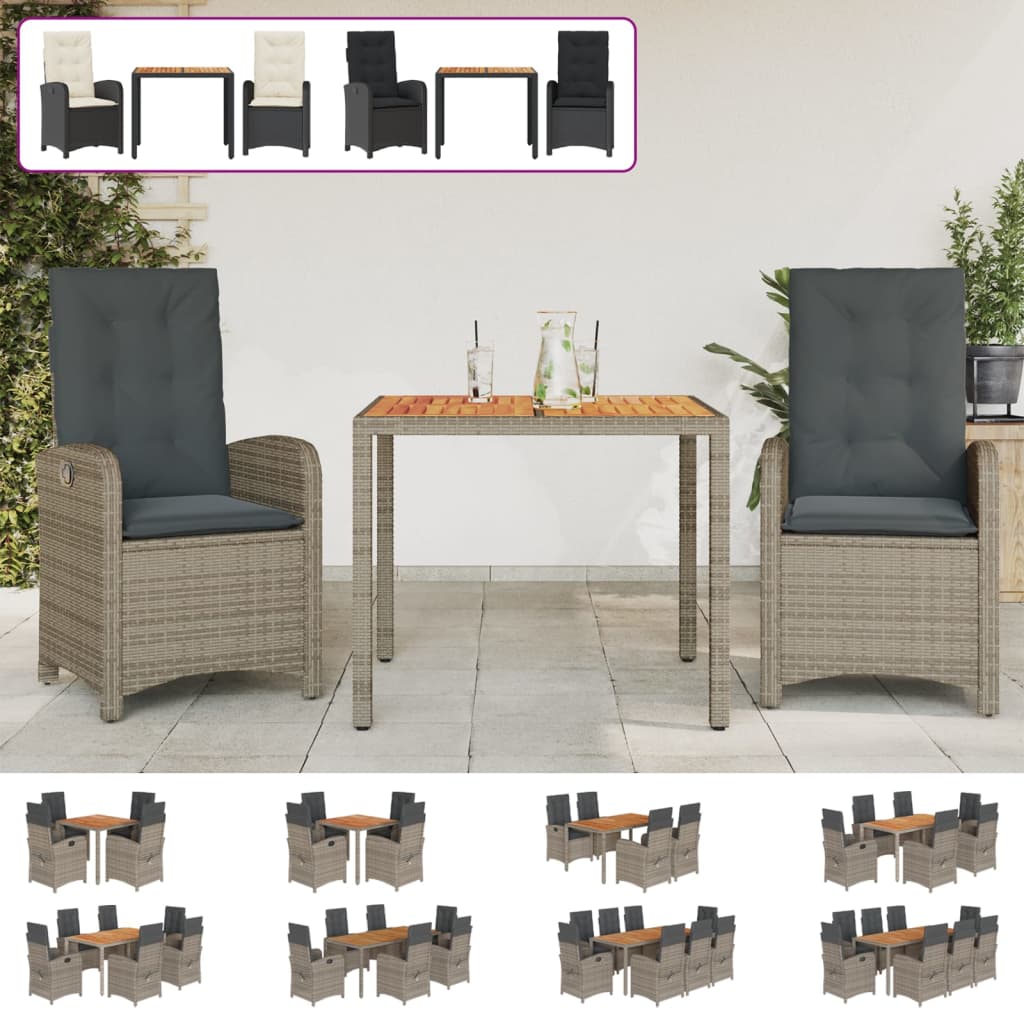 vidaXL 3 Piece Patio Dining Set with Cushions Gray Poly Rattan VidaXL